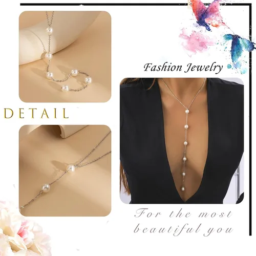 Vista 4 de Collar largo de perlas para mujer, collar clásico de perlas de imitación en Y, collar de cadena de perlas de imitación sexy, collar de perlas