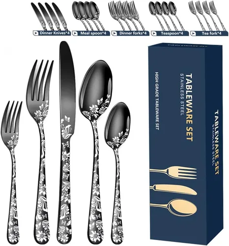 Vista 7 de Juego de cubiertos para 12 cubiertos, 60 piezas, diseño único de patrón de flores, utensilios de cocina de acero inoxidable, juego de cubiertos Oro