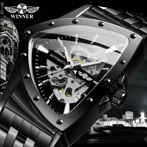 Vista 2 de FORSINING Triangle Skeleton Reloj mecánico automático para hombre, de lujo, dorado, negro, acero inoxidable, impermeable, luminoso, reloj de pulsera