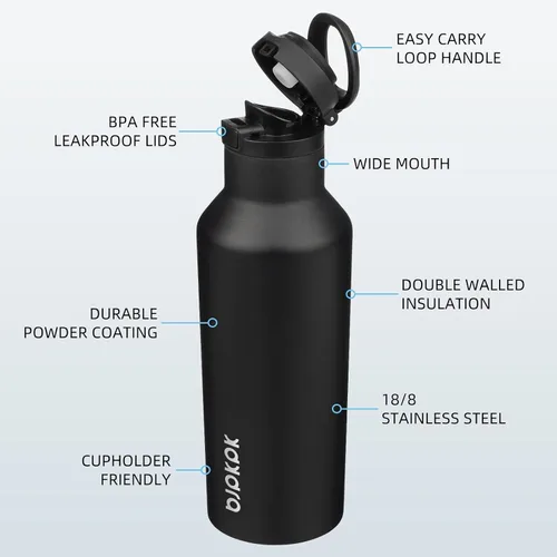 Vista 2 de BJPKPK Botella de agua aislada con pajilla, botellas de agua de acero inoxidable de 17 onzas con 2 tapas y asa de transporte, botella térmica
