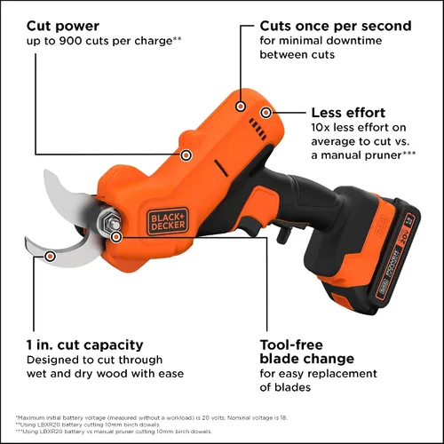 Vista 3 de BLACK+DECKER Tijeras de Podar Eléctricas Inalámbricas de 20V MAX*, Tijeras de Podar Eléctricas, Batería y Cargador Incluidos (BCPR320C1)