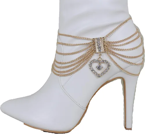 Vista 3 de TFJ - Pulsera de botas para mujer, cadena de metal dorado brillante, estilo occidental, estilo occidental, dije de amor, Metal