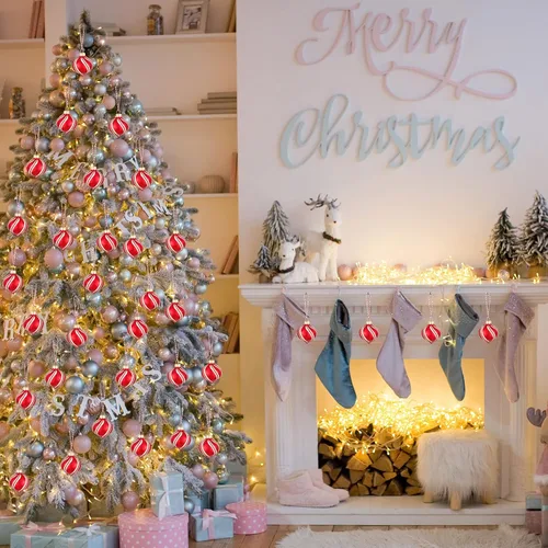 Vista 3 de Hungdao Juego de 12 adornos navideños de menta, bolas de bastón de caramelo de Navidad, adornos de bastón de caramelo de Navidad, bolas de Navidad