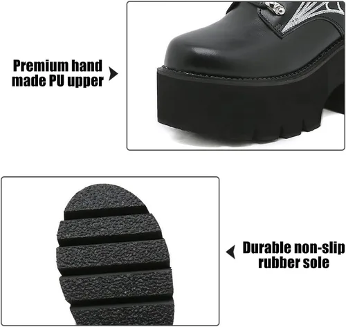 Vista 2 de mikarka Botas de plataforma con cadena para mujer, con cordones y cremallera, tacón grueso, botines de combate negros, botas de motocicleta