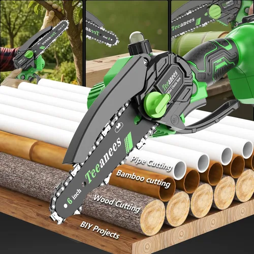 Vista 9 de Mini motosierra inalámbrica, pequeña motosierra eléctrica de 6 pulgadas con batería de 21 V y 3 cadenas, motosierra de mano alimentada por batería