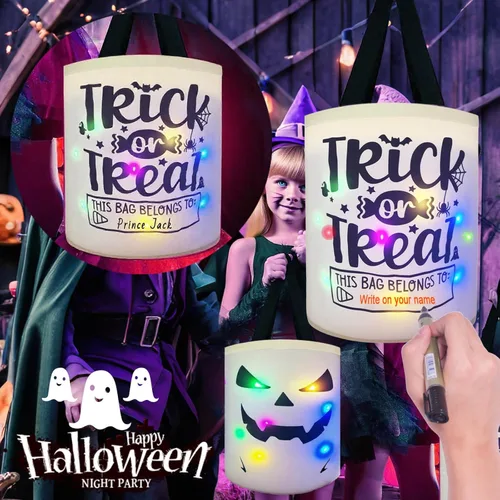 Vista 3 de Bolsas de Halloween para dulce o truco, cubo de caramelos, cesta de fantasmas iluminada, decoración multiusos reutilizable para dulces cubos