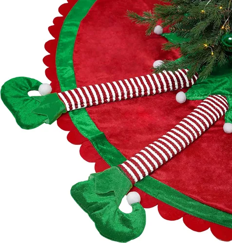 Vista 8 de Valery Madelyn Falda de Árbol de Navidad de Elfo para Decoraciones de Árbol, 36 Pulgadas de Tela Encantadora Roja Verde Pequeña Falda de Árbol