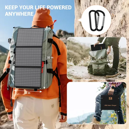Vista 7 de Cargador solar portátil de 30 W, panel solar plegable con USB C y USB A 18 V MC4 DC para camping, mochilero, viajes, carga rápida para iPhone, LG