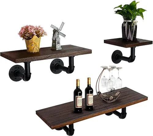 Vista 7 de Juego de 3 estantes flotantes para montar en la pared, estantes industriales para decoración de pared, color negro, estante de pared de madera