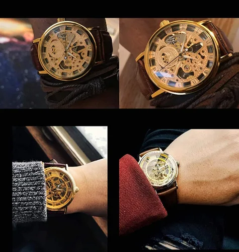 Vista 5 de SEWOR Reloj de pulsera de cuero de estilo vintage transparente con esqueleto mecánico para hombre