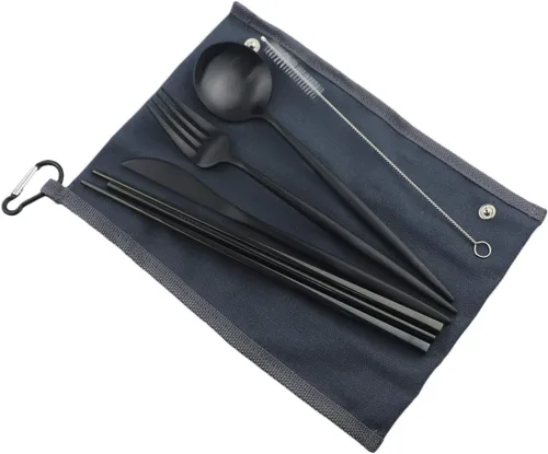 Vista 2 de Utensilios de viaje reutilizables, 7 piezas portátiles de acero inoxidable 304, incluyendo cuchillo, tenedor, cuchara, palillos, cepillo