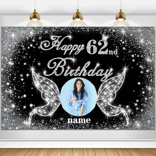 Vista 50 de Cartel personalizado de decoración de fiesta de cumpleaños número 100 - tema de alas de ángel - negro y plateado HY-NLK-100º
