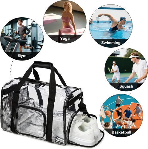 Vista 7 de Bolsa de gimnasio transparente grande y resistente con compartimento para zapatos, bolsa deportiva transparente aprobada para estadios con correa