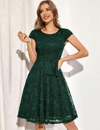 Vista 2 de MUADRESS - Vestido de encaje y floral con manga casquillo para mujer, elegante, con cuello redondo y longitud hasta la rodilla, vestidos de dama