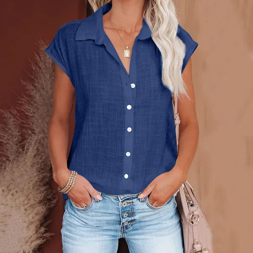 Vista 7 de Ceboyel Camisas para mujer de moda de verano, algodón, lino, manga corta, cuello con botones, blusa casual para mujer 2023