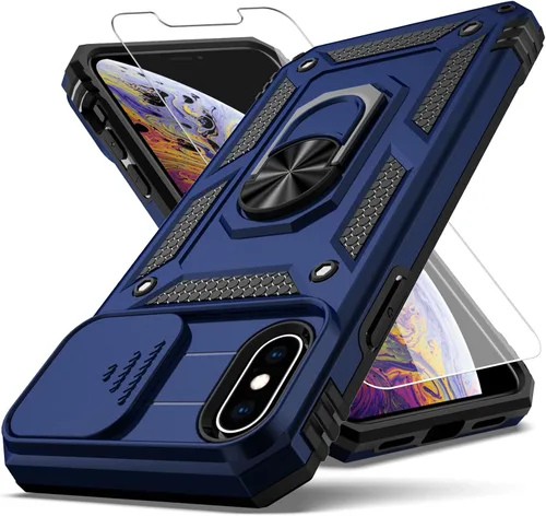 Vista 9 de Funda para iPhone X, iPhone Xs, cubierta de lente de cámara deslizante integrada+soporte de anillo de dedo+protector de pantalla, resistente a Negro