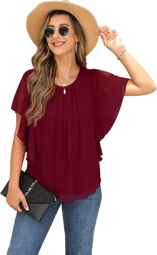 Vista 5 de QIXING Blusas de gasa con cuello redondo y cuello redondo de verano para mujer