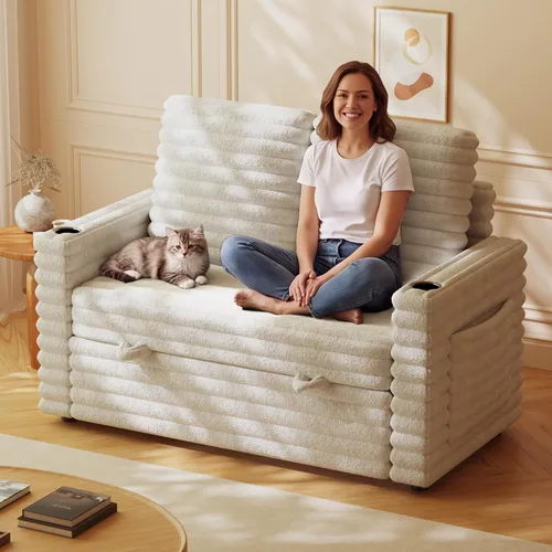 Vista 9 de Wrofly Sofá cama convertible 3 en 1, sofá cama extraíble para sala de estar con bolsillos laterales, portavasos y puerto de carga USB, respaldo