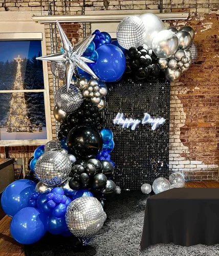 Vista 8 de Kit de guirnalda de globos azul real y plateado, con globos de aluminio de bola de discoteca 4D de estrella para hombres, cumpleaños de 30 años, día