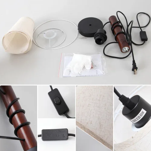 Vista 8 de Apliques de pared enchufables, lámpara de pared de cabecera con brazo de madera, luz de pared de tela con interruptor de encendido/apagado