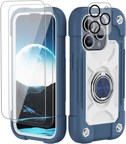 Vista 130 de Funda para iPhone 11 de 6.1 pulgadas con soporte de anillo, con 2 protectores de pantalla de vidrio, resistente a los golpes, resistente a