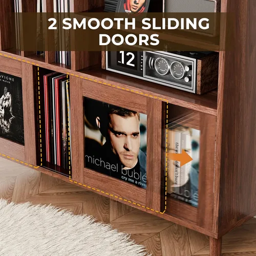 Vista 9 de Soporte XL para tocadiscos con puertas corredizas, gabinete de almacenamiento para más de 500 discos de vinilo con estación de carga y puertos USB