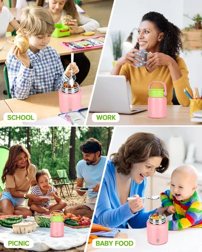 Vista 7 de Termo de sopa para comida caliente, 17 onzas con aislamiento para alimentos con boca ancha, acero inoxidable, lonchera térmica para adultos con Rosa