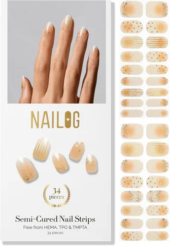 Vista 20 de NAILOG - Tiras de uñas de gel semicuradas 34 piezas Compra 2 y obtén 1 lámpara ultravioleta Calcomanías de esmalte de uñas duraderas con acabado