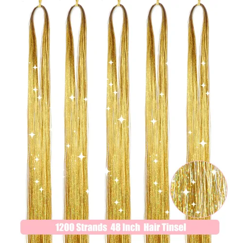 Vista 3 de Kit de oropel para el cabello con herramientas de 48 pulgadas, 1200 hebras de cabello de oropel dorado, resistentes al calor, extensiones de cabello