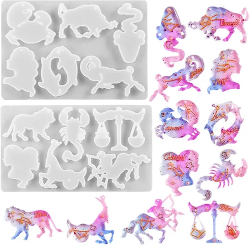 Vista 4 de Moldes de resina para llavero de silicona, 12 moldes de silicona con constelación del zodiaco con agujero para resina epoxi, llavero, colgantes