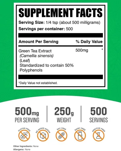 Vista 5 de BulkSupplements. Comgreen - Extracto de té en polvo, suplemento de 50% polifenoles, suplementos EGCG, sin gluten, 500 mg por porción, 3.53 oz
