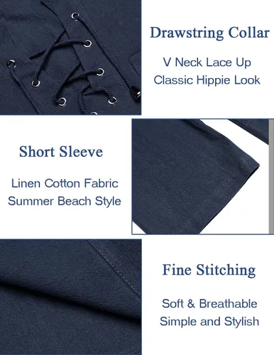 Vista 4 de COOFANDY Camiseta casual de lino de algodón para hombre, manga corta, con cordones, para la playa