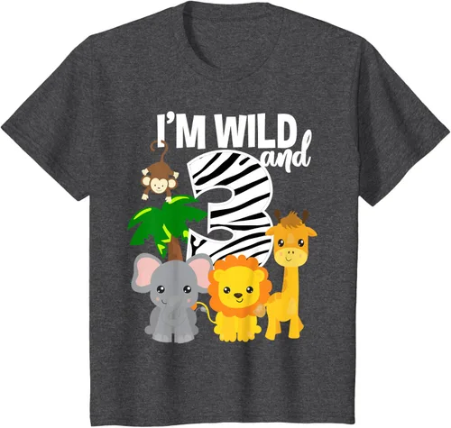 Vista 30 de Camiseta de cumpleaños con temática de zoológico de I'm Wild and 3, Negro, S
