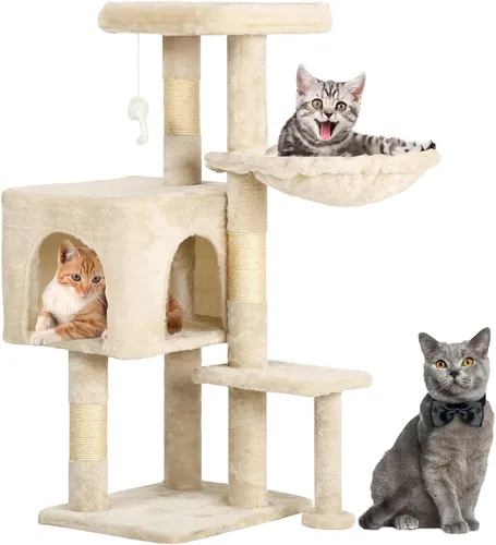 Vista 27 de BestPet Torre para Gatos de 36" Beige Torre Resistente para Gatos de Múltiples Niveles con Casita de Felpa, Percha Acogedora, Postes