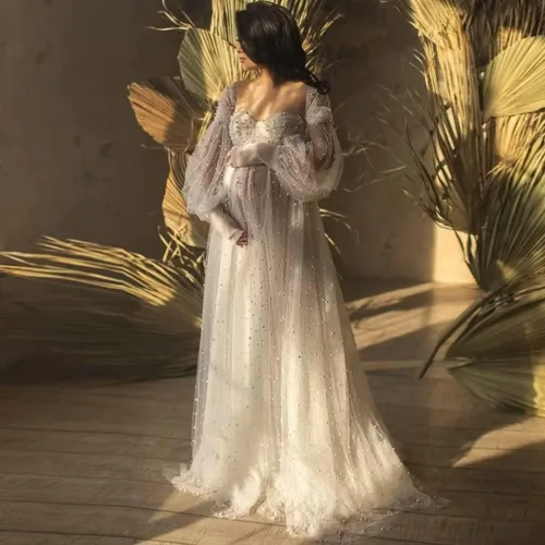 Vista 3 de SUOLUOS Vestidos de maternidad de tul perlado para sesión de fotos, hombros descubiertos, lencería nupcial, vestidos de embarazo para baby shower