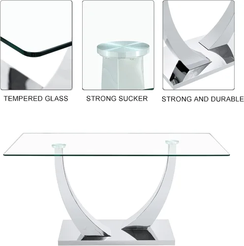 Vista 11 de Mesa de comedor moderna de vidrio de 63 pulgadas para 4-6, mesa de comedor rectangular de vidrio con vidrio templado de 0.39 pulgadas y base