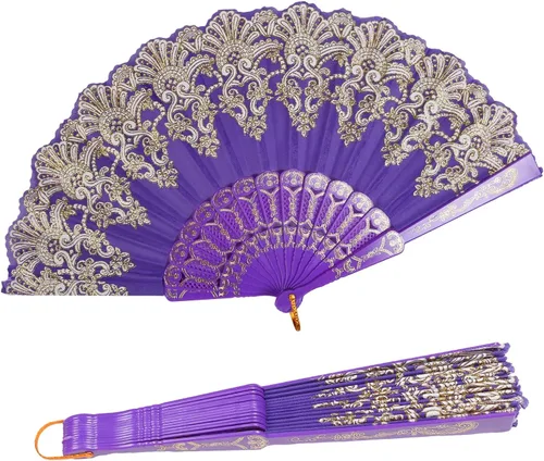 Vista 8 de INNOLIFE Abanico de mano plegable español con patrón retro para mujeres, abanico plegable chino de mano para fiestas, baile, bodas y decoración