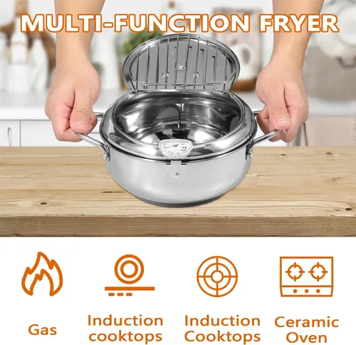 Vista 4 de Olla de 8.2 pulgadas de profundidad con cesta coladora y termómetro, olla profunda de acero inoxidable con asa, mini freidora de aceite