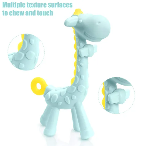 Vista 5 de SHARE&CARE Juguete mordedor de silicona sin BPA con estuche de almacenamiento, para niños mayores de 3 meses, alivio del dolor de encías y baby Azul