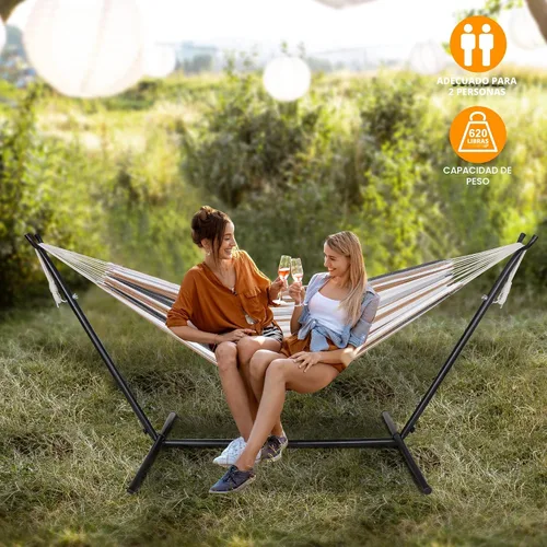Vista 2 de SUPER DEAL Hamaca portátil para 2 personas con soporte de hamaca de 9 pies, capacidad de 620 libras, cama de hamaca ajustable con funda