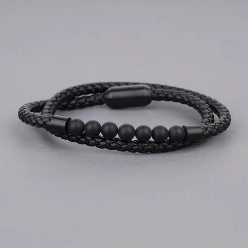 Vista 4 de COAI Pulsera de cuero con cuentas de piedra de doble capa
