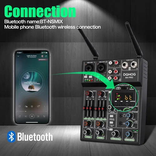 Vista 8 de Mezclador de audio profesional, consola de mezcla de 4 canales con micrófono inalámbrico dual, consola de placa de sonido MP3, Bluetooth, interfaz