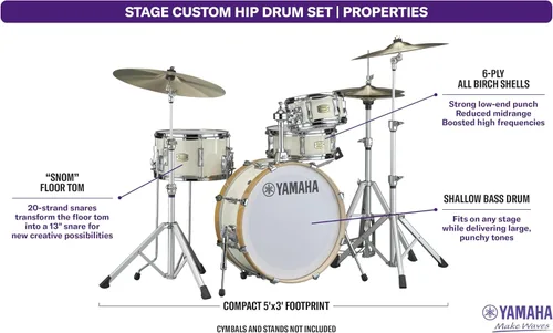 Vista 3 de Yamaha Stage Custom Hip One-Box - Juego de batería de 4 piezas - 20" Kick, Blanco Clásico