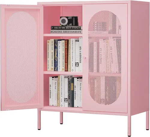 Vista 20 de Gabinete de almacenamiento de metal, soporte de TV de 2 puertas, armario decorativo con puertas y estante ajustable, armario de metal, mesita
