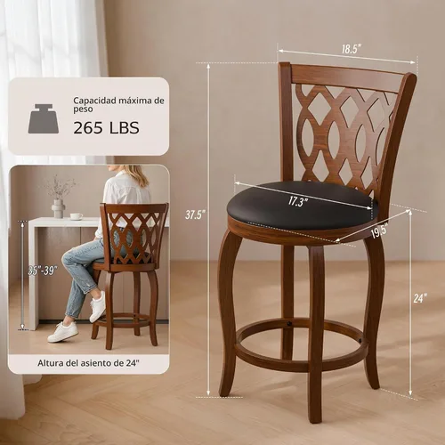 Vista 2 de Juego de 4 taburetes de bar giratorios de 24 pulgadas de altura de mostrador para isla de cocina, taburete de estilo granja con respaldo y Marrón