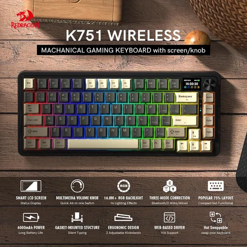 Vista 2 de Redragon Teclado mecánico inalámbrico K751 75% para juegos para PCMac, Bluetooth 5.02.4GHzUSB C teclados cremosos