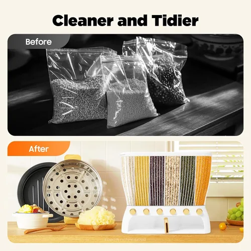Vista 8 de Dispensador de cereales, dispensador de grano de tamaño de compartimento ajustable de 6 rejillas, dispensador de arroz transparente 6 en 1