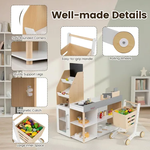Vista 8 de Costzon Juego de simulación para tienda de comestibles, tienda de juegos de madera, juego de supermercado para niños pequeños con caja registradora