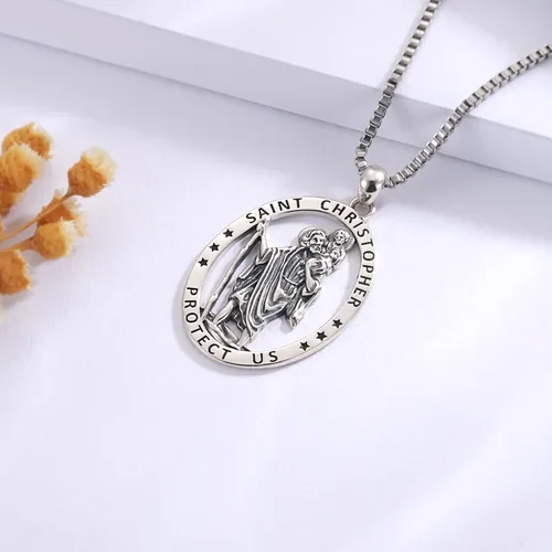 Vista 5 de Collar de plata de ley San Cristóbal Micheal Jude Taddaeus Virgen María para mujeres y hombres, colgante de medalla de amuleto, joyería de regalo