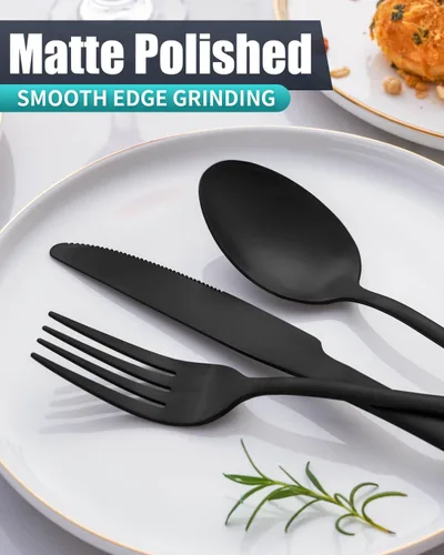 Vista 4 de Juego de cubiertos negros mate con cuchillos para carne, juego de cubiertos de acero inoxidable de 36 piezas para 6, moderno juego de cubiertos